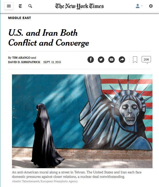 New York Times photo of woman in chador by anti-American mural