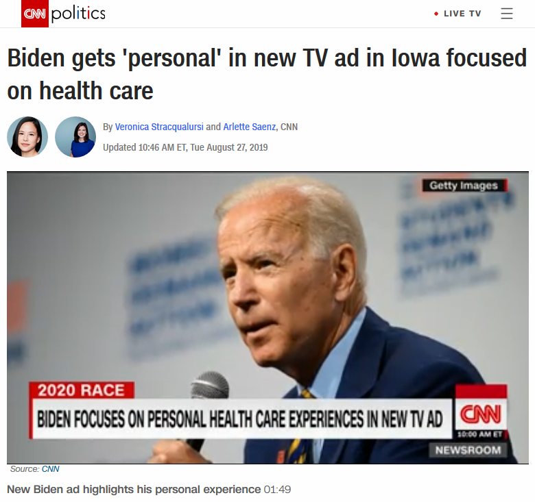CNN: Biden Gets 'Personal' in New TV Ad in Iowa Focused on Healthcare