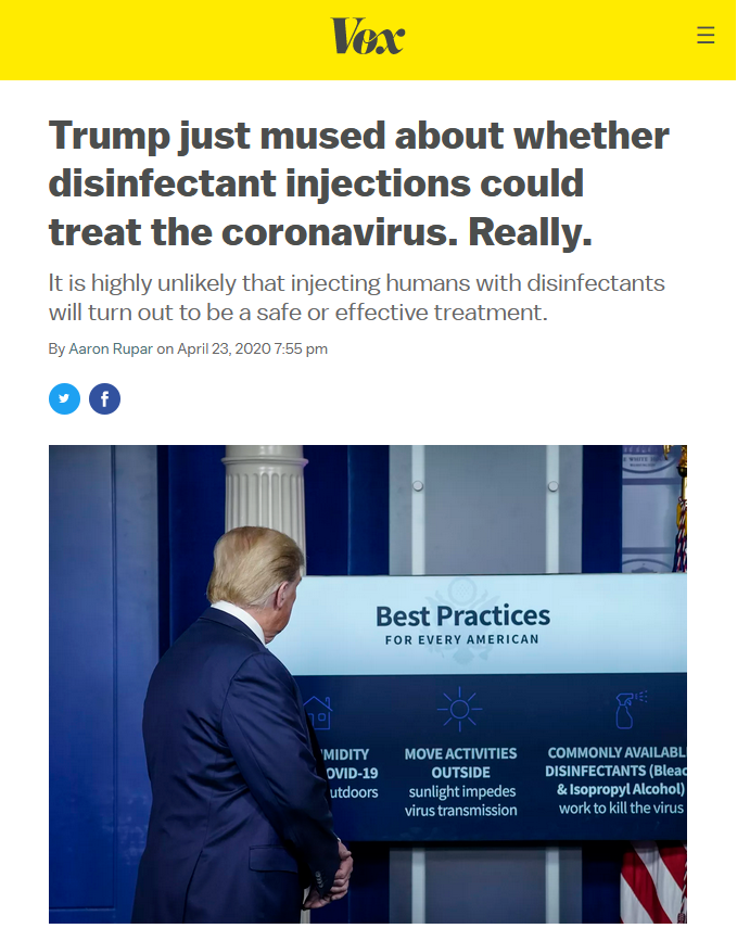 Vox: Trump just mused about whether disinfectant injections could treat the coronavirus. Really.