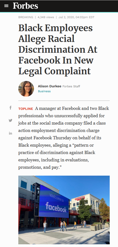 Forbes: Black Employees Allege Racial Discrimination At Facebook In New Legal Complaint