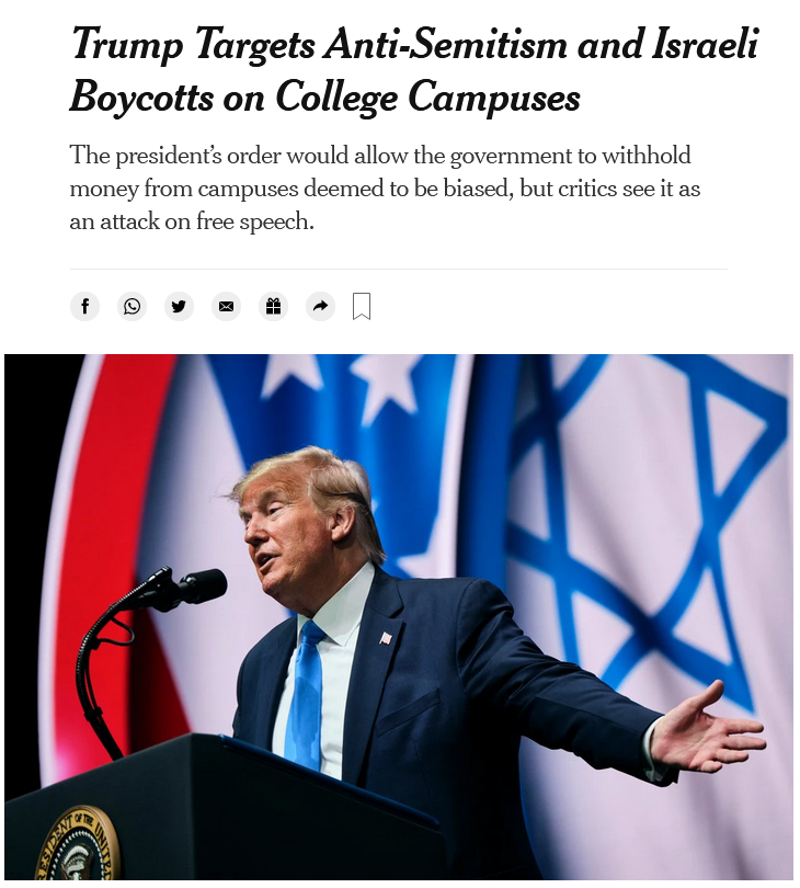 NYT: Trump Targets Anti-Semitism and Israeli Boycotts on College Campuses