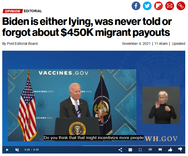 NY Post: Biden is either lying, was never told or forgot about $450K migrant payouts