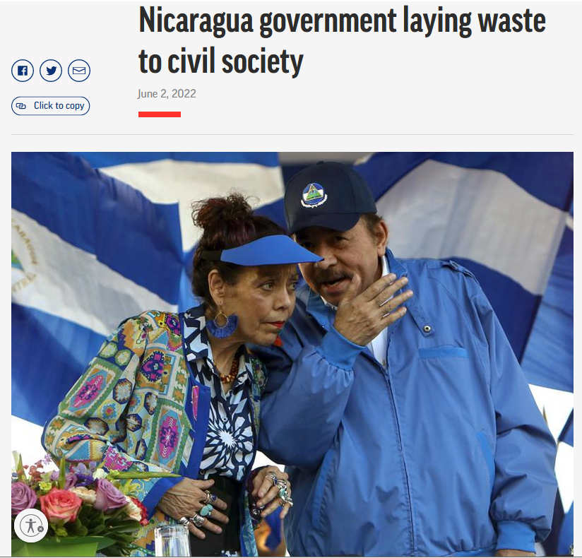 AP: ADVERTISEMENT https://apnews.com/article/politics-sports-caribbean-daniel-ortega-nicaragua-983c3aad2a7d2aa2e4f594e1604d34a3 Click to copy Related topics Politics Sports Caribbean Daniel Ortega Nicaragua Nicaragua government laying waste to civil society