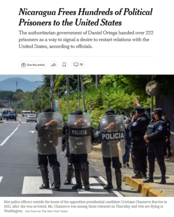 NYT: Nicaragua Frees Hundreds of Political Prisoners to the United States