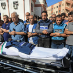 New York TImes depiction of The funeral of Palestinian TV correspondent Mohammed Abu Hatab.